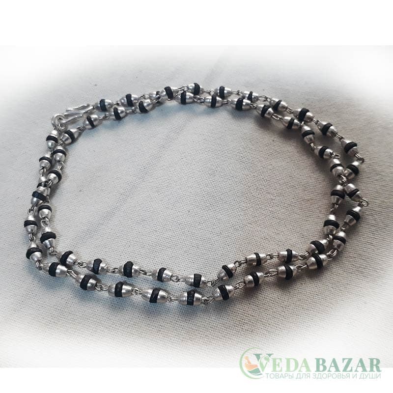 Кантхималы туласи черные с серебром 1 ряд (Black Tulasi Silver), 2 мм, Индия фото