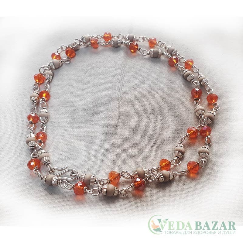 Кантхималы туласи + кристал оранжевый с серебром 1 ряд (Tulasi + Crystal Orange Silver), 4 мм, Индия фото