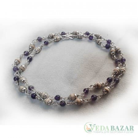 Кантхималы туласи + гранат с серебром 1 ряд (Tulasi + Garnet Silver), 4 мм, Индия фото