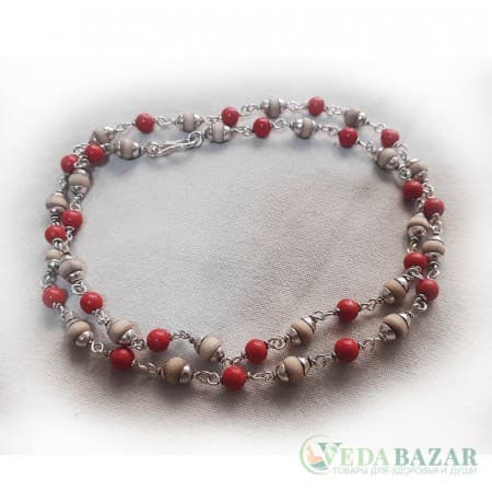 Кантхималы туласи + коралл с серебром 1 ряд (Tulasi + Coral Silver), 4 мм, Индия фото