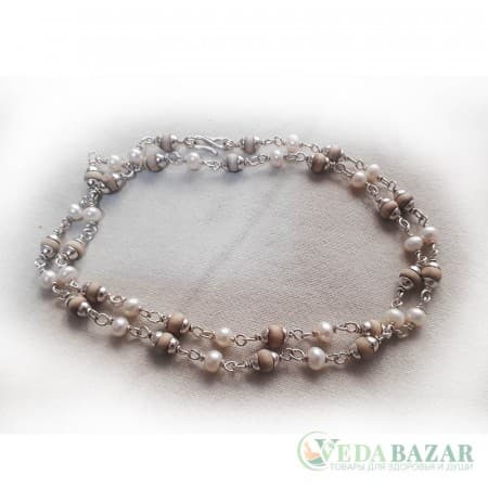 Кантхималы туласи + жемчуг с серебром 1 ряд (Tulasi + Pearl Silver), 4 мм, Индия фото