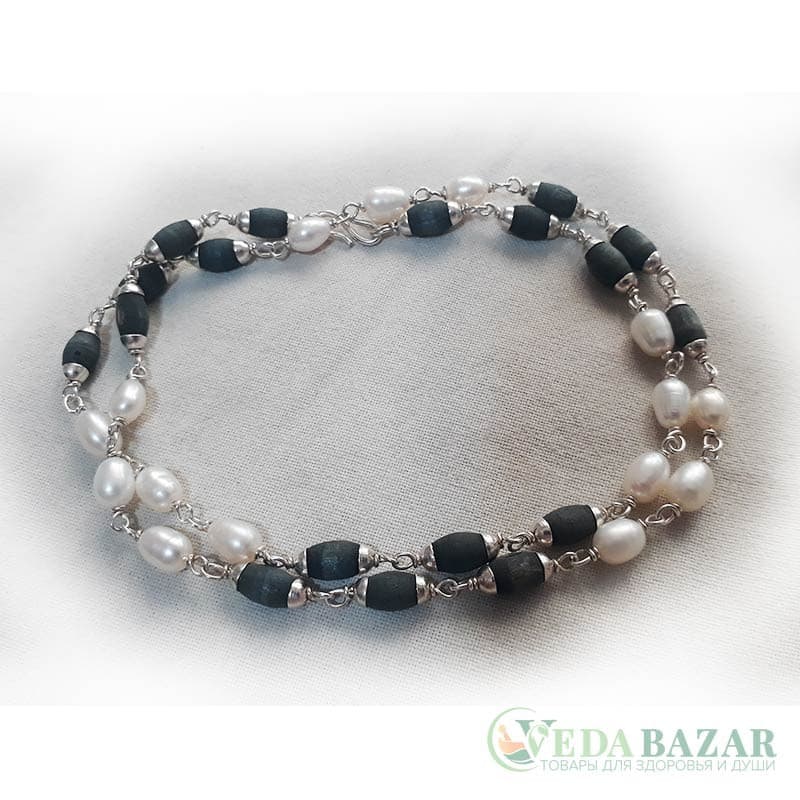 Кантхималы туласи черные + жемчуг с серебром 1 ряд овальная форма (Black Tulasi + Pearl Silver Oval Shape), 5 мм, Индия фото