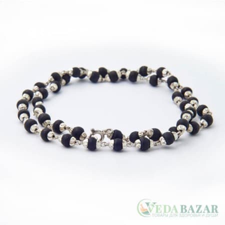 Кантхималы туласи черные с серебром 1 ряд (Black Tulasi Silver), 6 мм, Индия фото