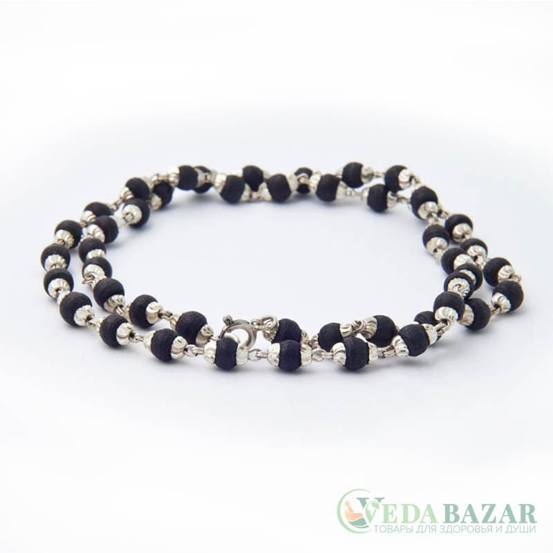 Кантхималы туласи черные с серебром 1 ряд (Black Tulasi Silver), 6 мм, Индия фото