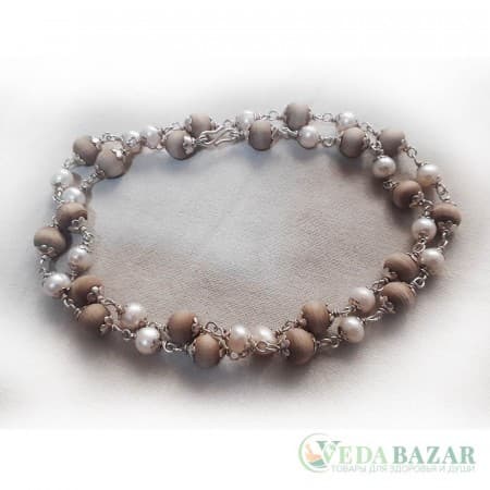 Кантхималы туласи + жемчуг с серебром 1 ряд (Tulasi + Pearl Silver), 7 мм, Индия фото