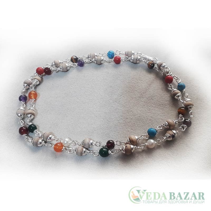 Бусы Навартана + туласи 1 ряд (Navaratna Tulasi Silver), 3 мм, Индия фото
