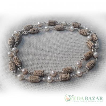 Кантхималы туласи + жемчуг с серебром надпись Радха 1 ряд (Tulasi + Pearl Silver Radha), 5 мм, Индия фото