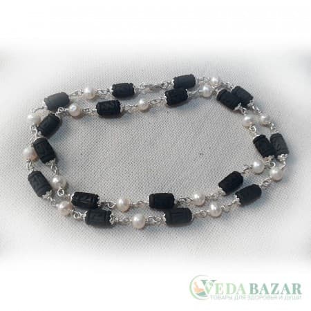 Кантхималы туласи черные + жемчуг с серебром надпись Радха 1 ряд (Tulasi + Pearl Silver Radha), 5 мм, Индия фото