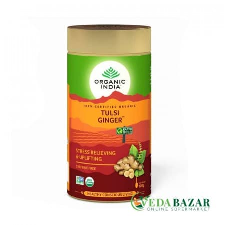 Туласи Имбирь в жестяной банке (Tulsi Ginger), 100гр.,Органик Индия (Organic India) фото