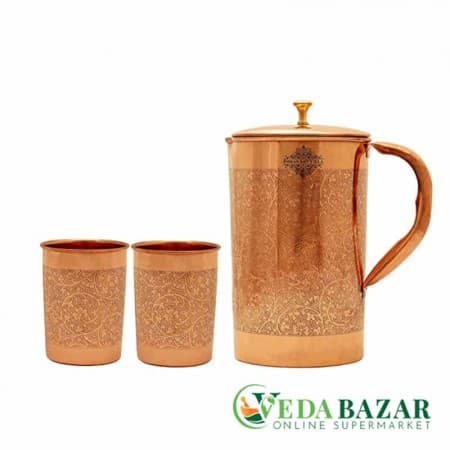 Медный кувшин с 2 стаканами, тисненый дизайн (Copper Jug with 2 Glass, Embossed Design), 1500мл, 300мл фото