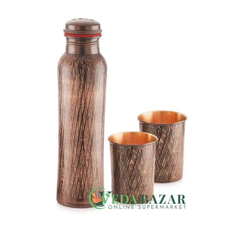 Медная Бутылка с 2 Стаканами с Винтажным Принтом (Сopper Water Botle), 1000 мл, 300 мл, Индия (India) фото