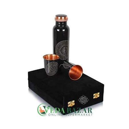 Медная Бутылка с 2 Стаканами с Черным Принтом (Сopper Water Botle), 1000 Мл, 300 Мл, Индия (India) фото