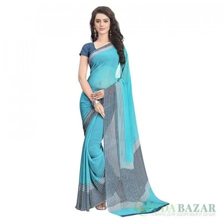 Сари из шифона в горошек (цвет — голубой), Chiffon Sari (color — blue) фото