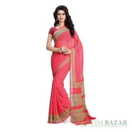 Сари из шифона с красивым орнаментом (цвет — красный), Chiffon Sari with beautiful ornament (color — red) фото